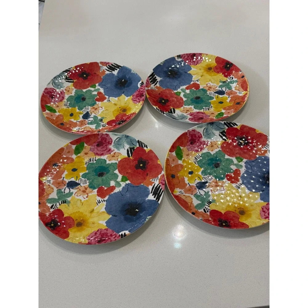 TarHong 8pc Melamine Floral Plate Set Hammered Texture Dinner & Salad Multicolor